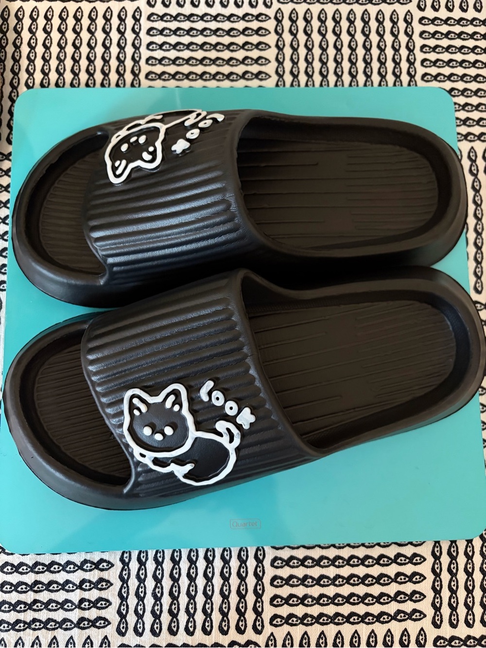 Womens Black Slide Sandals with Cute Cat Graphic